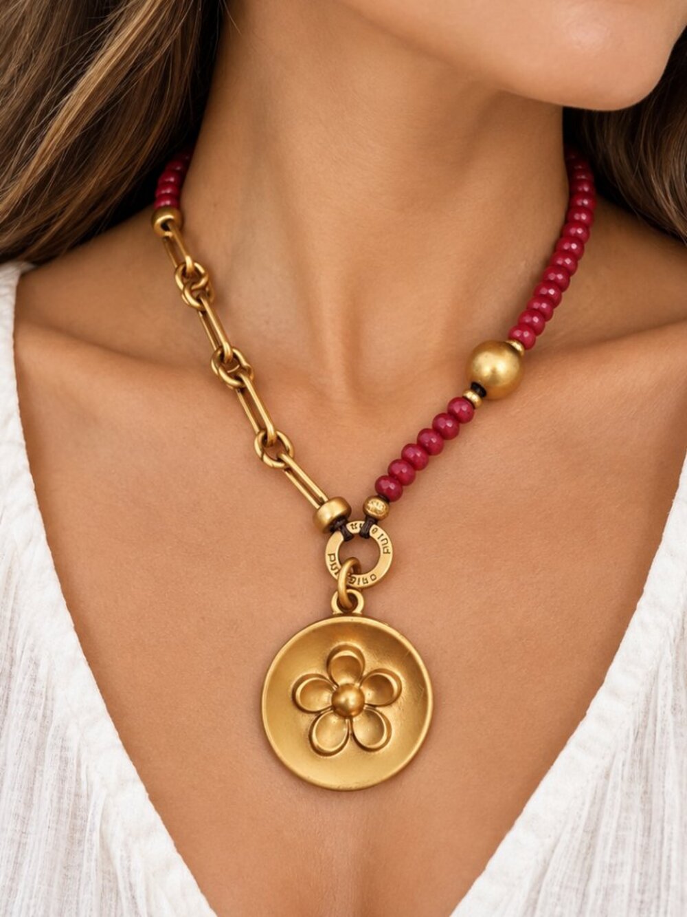 PULCCINO Statement Necklace Red Beaded Gold Floral Pendant - Mexican Designer